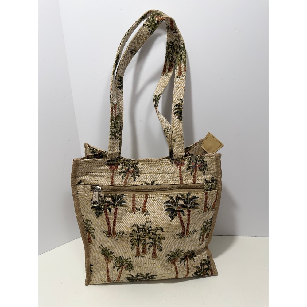 Palm Tree Woven Tapestry Tote Bag Beige Tropical Shoulder Bag‎ with Pockets